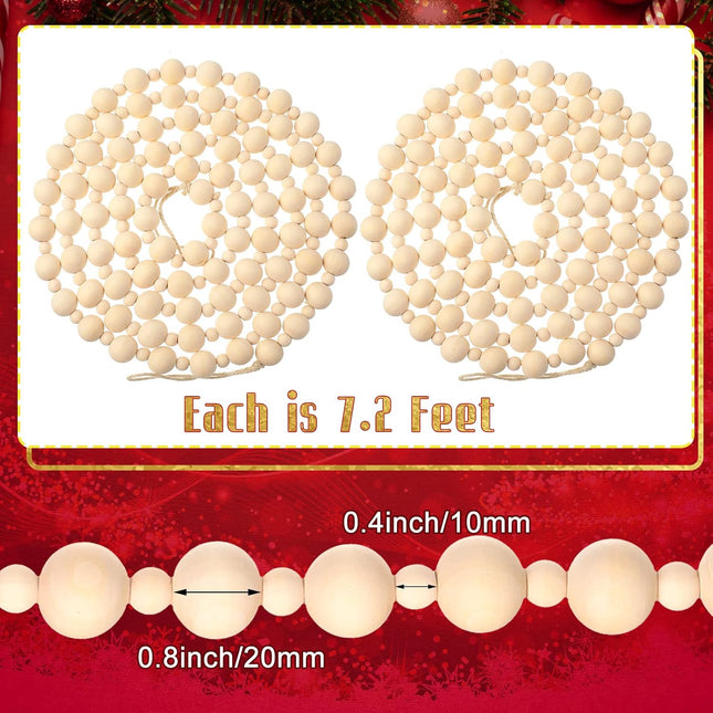 2 Pcs/ 14.4 Feet Christmas Wooden Beads Garland Xmas Wooden Tree Beads Rustic Round Craft Decorative Christmas Tree Farmhouse Decor Boho Vintage Garland for Christmas Decoration Supplies (Wood)