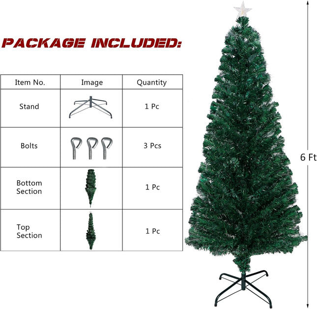Lulu Home Prelit Christmas Tree, 6FT Artificial Fiber Optic Tree with 270 Branches and Topper Star, 235 LED Colorful Lighted Xmas Green Pine Tree with Metal Stand for Indoor Outdoor Holiday Decoration