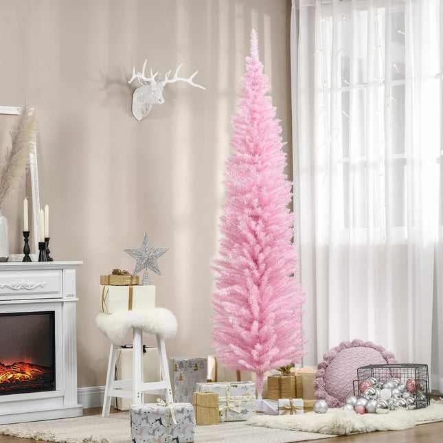 HOMCOM 7' Artificial Pencil Christmas Tree, Slim Xmas Tree with 499 Realistic Branch Tips and Plastic Stand, Pink