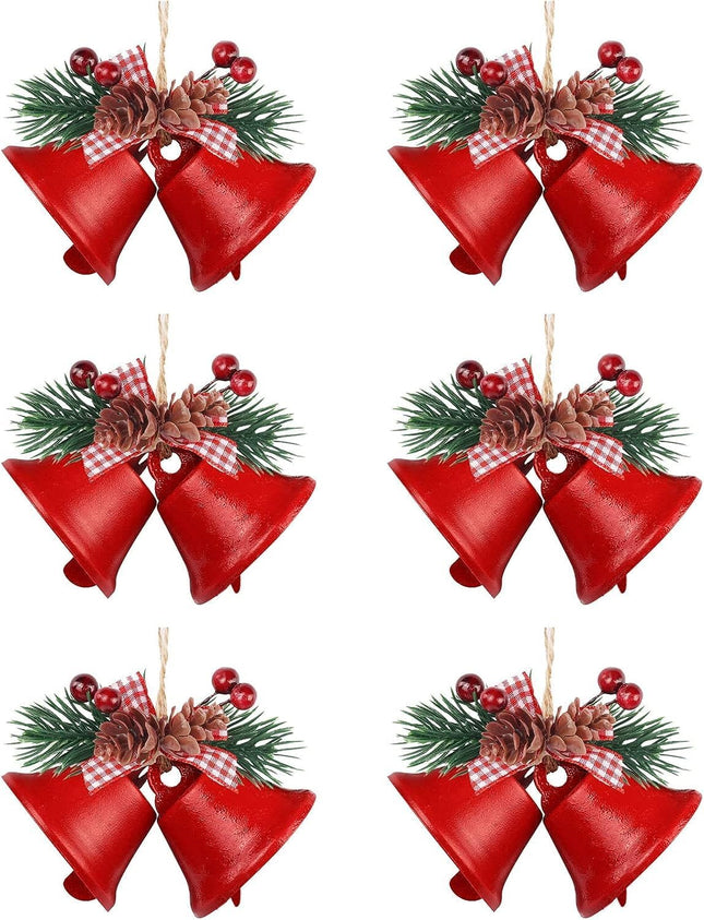 Red Christmas Bells Ornament, Tree Hanging Ornament Metal Jingle Bells for Christmas Decoration Holiday Party Supplies (6Pcs)
