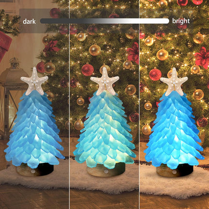 Sea Glass Christmas Tree,8.6 inches Mini Christmas Tree with Lights,Beach Nautical Themed Seaglass Christmas Tree for Table top, Christmas Decorations Indoor,Blue Christmas Tree