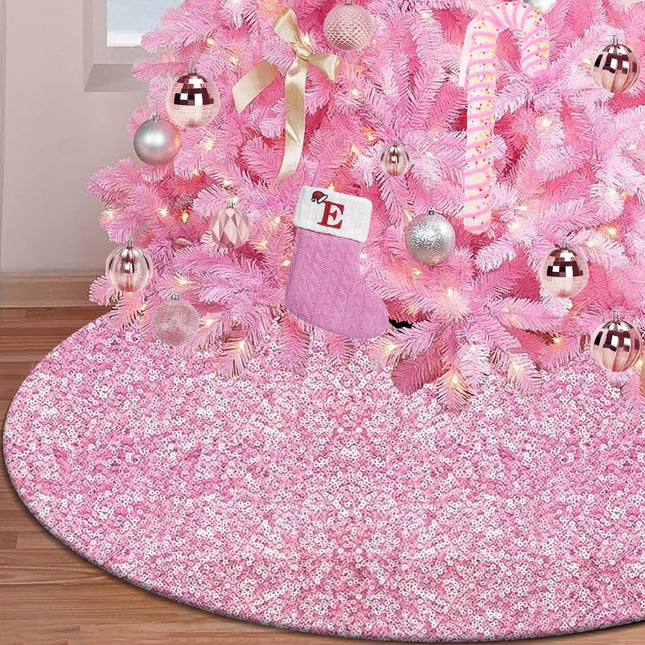 Pink Christmas Tree Skirt, Sequin Sparkly Tree Skirt 36 Inch, Glitter Candy Xmas Tree Mats for Pencil Tree, Pink Fall Christmas Decorations Ornaments
