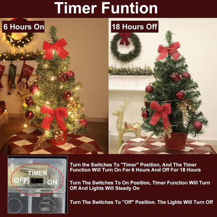 2PACK GRANDEAL 20 Inch Lighted Tabletop Mini Christmas Tree, Artificial Small Christmas Tree with Lights with Timer, Red Pot Box Bows Ornaments Christmas Decoration, Holiday Indoor Decoration