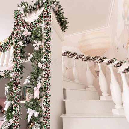 Christmas Tinsel Garland Metallic Tinsel Twist Garland Shiny Christmas Tree Hanging Garland Decorations for Christmas Party Supplies Indoor and Outdoor Decoration (Red, Green and White)