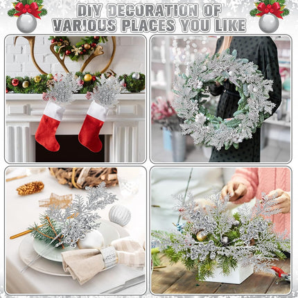 Cindeer 80 Pcs Christmas Glitter Berries Stems Pine Needles Christmas Artificial Picks Fake Floral Twig Spray for Xmas Tree Ornaments DIY Wreath Garland Decorations(Silver)