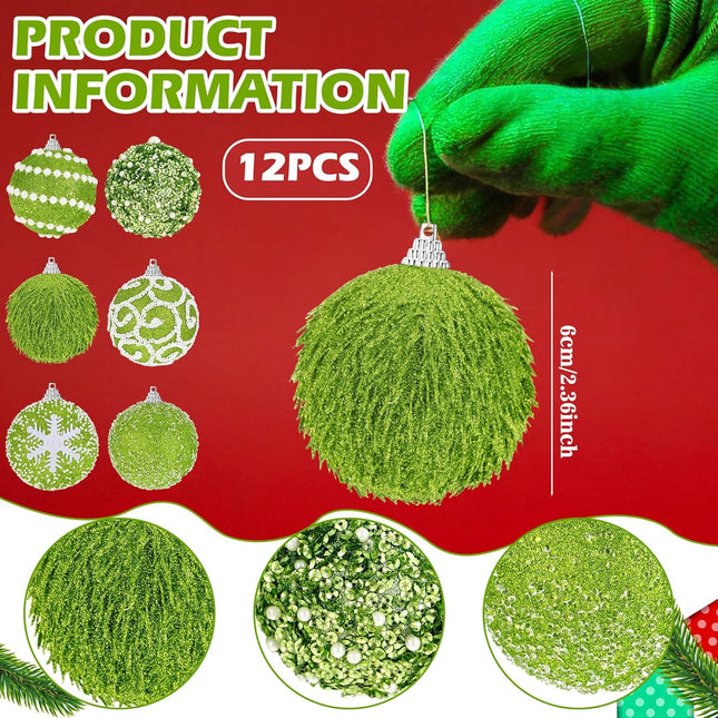 Syhood 12 Pcs 2.4 Inch Lime Green Christmas Ball Ornament Set Shatterproof Christmas Ornament Green Glitter Foam Christmas Balls Decorative Hanging Ornaments Christmas Tree Decoration for Xmas Holiday