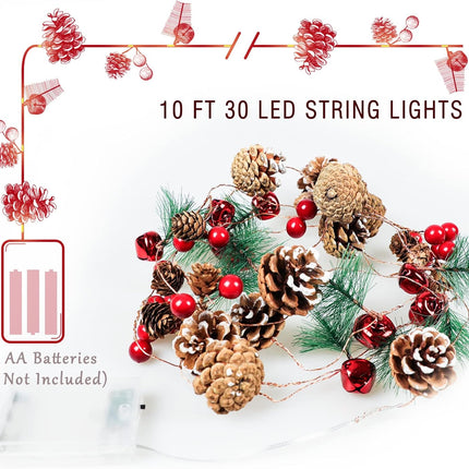 Christmas Garland with String Lights 10 Ft 30 LED Pine Cone Red Berry Bells Garland Lights, Indoor Christmas Decorations for Home and Fireplace Mantel Decor,Christmas Tree Decor (Warm White)