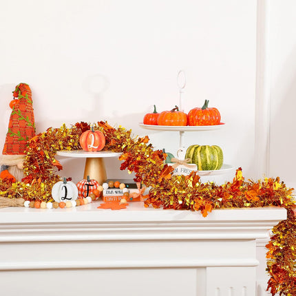 Dingion Thanksgiving 6 Pcs/ 39 Ft Fall Leaves Orange Tinsel Garland Gold Maple Leaf Metallic Twist Garland Decor Pumpkin Autumn Christmas Party Supplies for Home Door Fall Decoration(Maple Leaf)