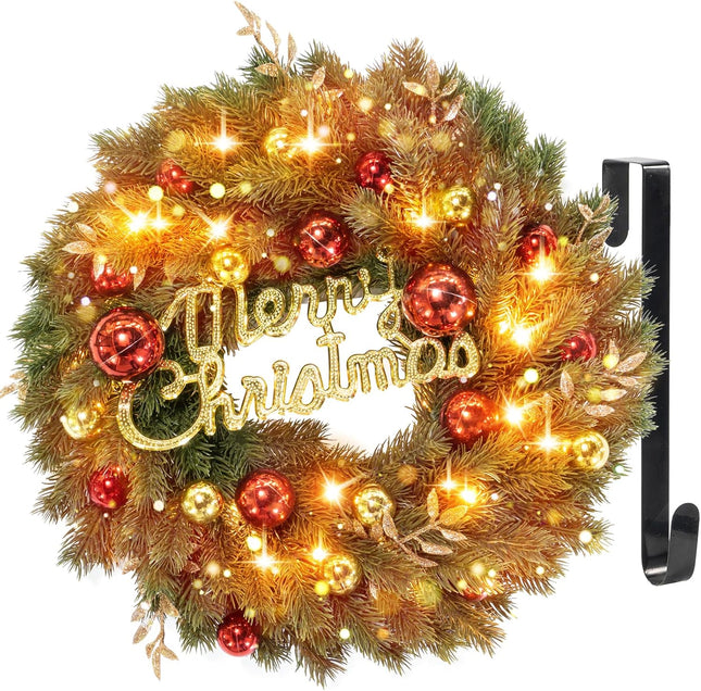 Christmas Wreaths for Front Door with Hanger & Timer - Pre-Lit Lights 18' Christmas Wreaths for Windows Decorations with 40 LED Lighted for Mantle Stairs Fireplace Indoor Outdoor Wall