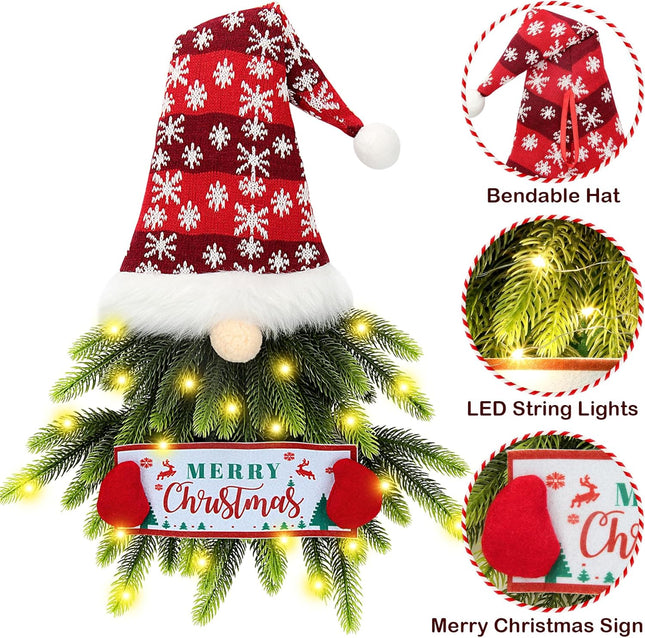 Christmas Wreath for Front Door, Lighted Gnome Christmas Door Wreath, Artificial Santa Xmas Hanging Sign for Door Window Wall Decorations Farmhouse Christmas Home Decor (Red)