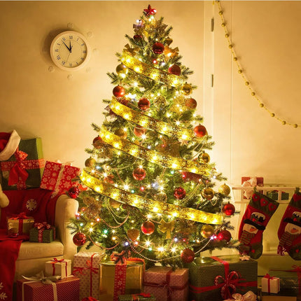 Dailyart Christmas Tree Ribbon String Lights 78Ft 200 LED Fairy Lights with Remote Ribbon Bows Lights with Battery Operated & USB Powered Christmas Ribbon Lights with Timer for Xmas Tree Decor (Gold)
