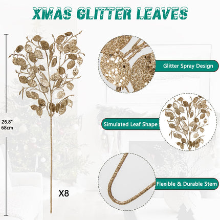 8 Pcs Christmas Tree Picks and Sprays Champagne Glitter Christmas Picks 26.8" Christmas Glitter Eucalyptus Leaves Stems for Christmas Tree Filler Branches Wreaths Centerpieces Holiday Decorations
