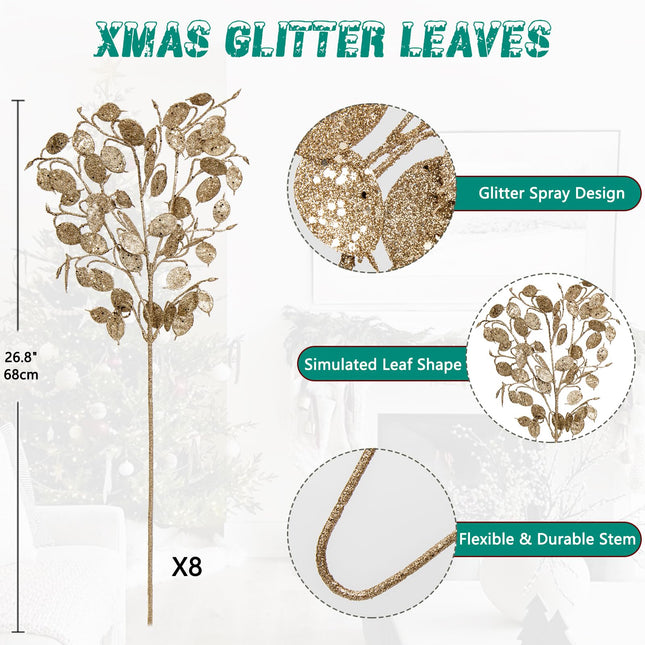 8 Pcs Christmas Tree Picks and Sprays Champagne Glitter Christmas Picks 26.8" Christmas Glitter Eucalyptus Leaves Stems for Christmas Tree Filler Branches Wreaths Centerpieces Holiday Decorations