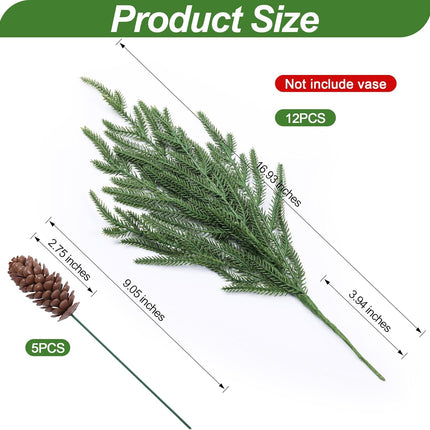 Artificial Christmas Norfolk Pine Stems Branches for Vases,12 Bundles Faux Fake Greenery Evergreen Real Touch Feel Green Branch with Pinecones for Holiday Winter Table Xmas Decorating