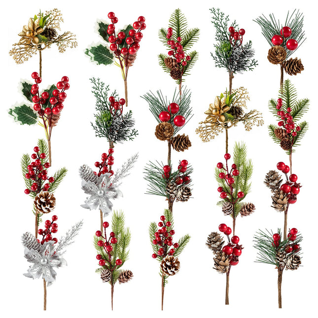 20 Pack Christmas Red Berry Picks Stems 10 Styles 5-11Inch Pine Picks and Sprayss for Christmas Tree Wreath ing Props Winter Holiday