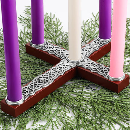 Christmas Advent Candle Holder Rustic Wood Cross Advent Wreath Jesus Nativity Candle Holder with Metal Celtic Knot Religious for Home Church Advent Christmas Holy Tabletop Centerpiece Decor