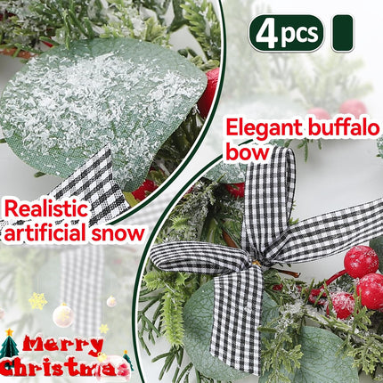 Enlarged Christmas Candle Rings Inner Diameter 4.1 in - 4 Pcs Candle Wreath Holders with Artificial Snow Buffalo Bow Leaves Berries for Xmas Holiday Party Wedding Table Centerpiece Decorations