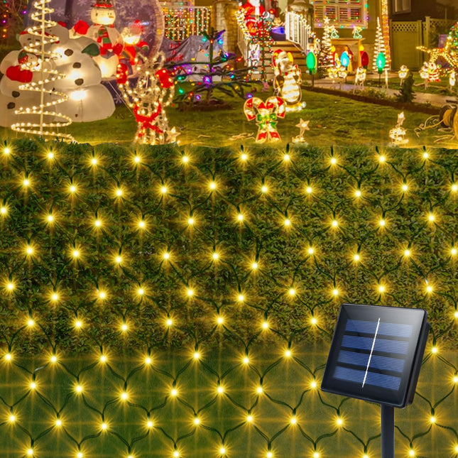 echosari Solar Powered Christmas Bush Lights, 200 LED 9.8Ft x 6.6Ft Dark Green Wire Auto On/Off 8 Modes Mesh Lights for Outdoor Bushes Shrubs Lawn Decoration (Warm White)
