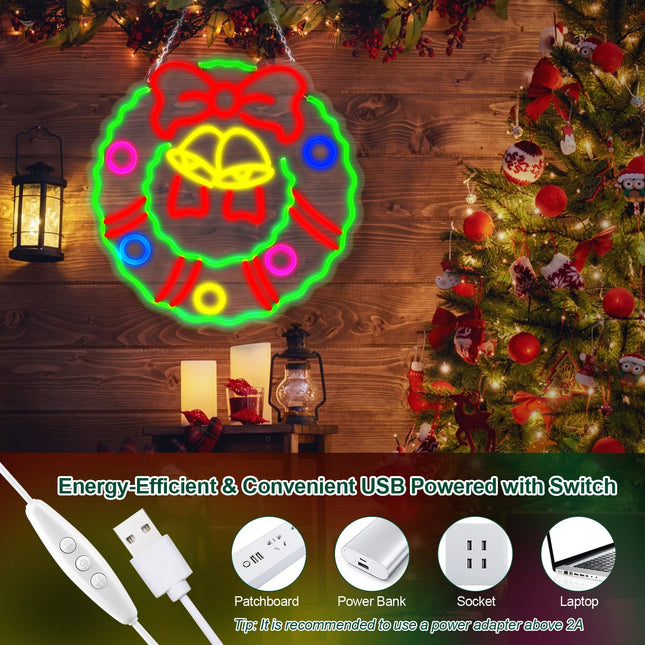 FITNATE Christmas Wreath Neon Sign for Wall Door Decor, Dimmable Christmas Neon Light, USB Powered LED Neon Sign for Living Room, Bedroom, Christmas Party Decor