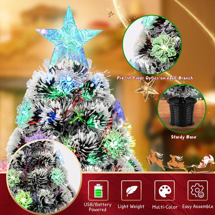Pre-Lit Fiber Optic Christmas Tree 22inch Small Tabletop Christmas Tree Artificial Xmas Tree with Snowflake,Top Star, RGB Lights,Battery/USB Operated for Desktop,Holiday