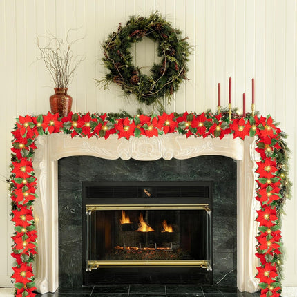 Twinkle Star 2 Pack Pre-Lit Christmas Poinsettia Garland with Red Berries and Holly Leaves, 6 FT Velvet Artificial Flower Xmas String Lights, Battery Operated Cordless Indoor Outdoor Home Decorations