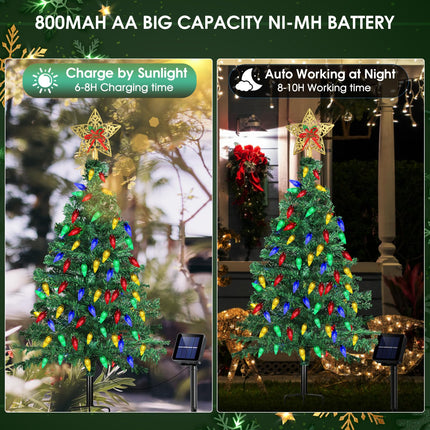 Solar Christmas Trees Decorations, Solar Powered Xmas Tree Lights Outdoor Waterproof with 50 LEDs and 8 Modes for Yard, Lawn, Pathway, Garden, Front Porch, Cemetery, Graveside Decor (2 Pack)