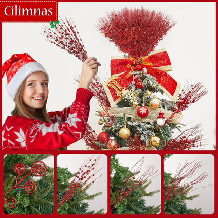 50pcs 4 Kinds of Christmas Tree Picks, Christmas Picks and Sprays for Decorations, Tree Topper Twigs for Xmas Tree Wreath DIY Crafts Vase Filler Home Decor (Red)