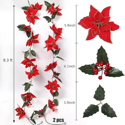 Christmas Garland, Poinsettia Christmas Flowers Decorations Garland, Artificial Flowers Garland with Red Berries Holly Leaves, Christmas Tree Decor Xmas Party Fireplace Wall Garden Decor, Pack of 2