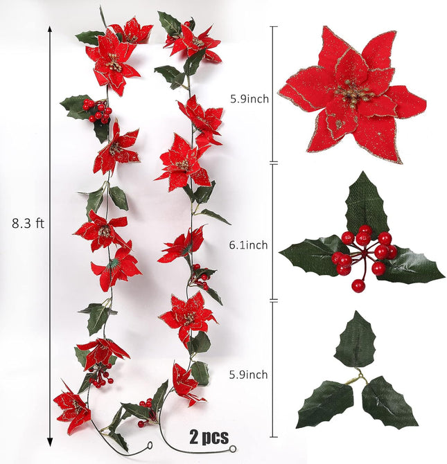 Christmas Garland, Poinsettia Christmas Flowers Decorations Garland, Artificial Flowers Garland with Red Berries Holly Leaves, Christmas Tree Decor Xmas Party Fireplace Wall Garden Decor, Pack of 2