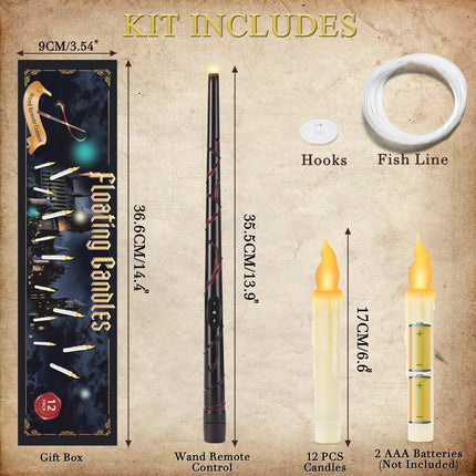 Halloween Decorations - Floating Candles with Wand, 12 Pcs Flameless Candles with Warm Light Flickering, Witch Wizard Christmas Decor for Indoor Home Room Classroom Bedroom Birthday Party