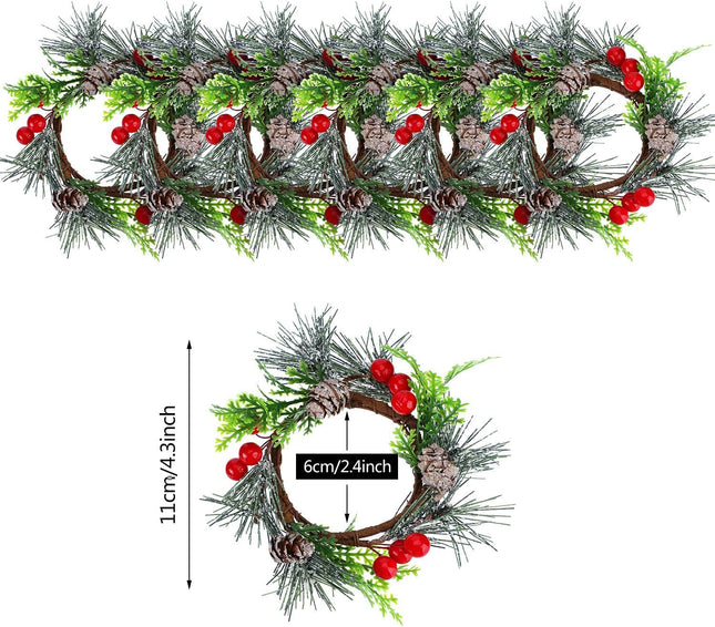 6 Pieces Christmas Candle Ring Artificial Berry Candle Rings with Pine Cones Small Wreaths for Home, Wedding, Living Room and Christmas Holiday Table Decoration (Red, 4.7 Inch)