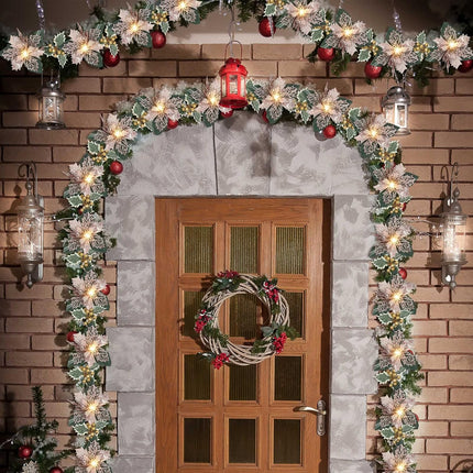 Jexine 2 Pcs Christmas Glitter Artificial Poinsettia Garland 6.5 ft 10 LEDs Faux Flower Xmas String Lights Poinsettia Garland with Lights Gold Berries Holly Leaves for Indoor Outdoor Decor