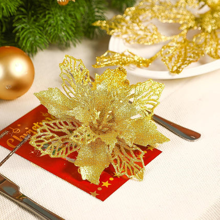 24 Pcs Artificial Glitter Christmas Tree Picks, Boxed 12 Poinsettia Flowers+ 6 Berry Stems+ 6 Flowers Berry Leaves Decorations Set, Indoor Outdoor Holiday Ornaments Decor, Gold