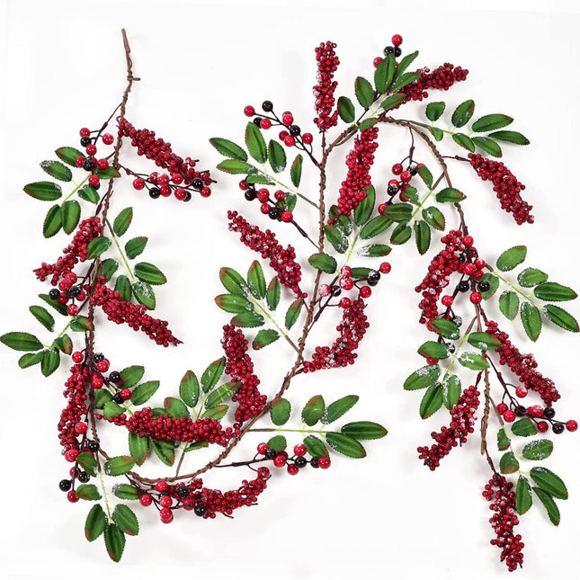 Artiflr 6 feet Red Berry Garland with Green Leaves Wired Christmas Berry Garland Rustic Berry Twig Artificial Garland for Holiday Winter Season Mantel Fireplace Table Runner Centerpiece Decoration