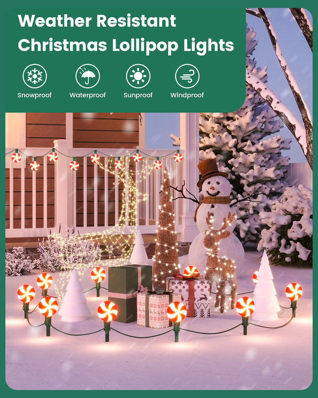 SURAIELEC Christmas Lollipop Pathway Lights Outdoor, 25FT Set of 20 LED Peppermint Candy Lights with Stakes, Connectable Waterproof Walkway Lights for Lawn, Driveway, Yard, Christmas Tree, UL Listed