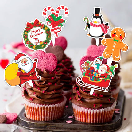 Merry Christmas Cake Topper Picks, 25PCS Xmas Snowflake Snowman Cake Toppers Cake Decorations Santa Claus Theme Birthday Party Supplies Favors Decor Centerpiece Table for Boys Girls Carnival Prizes