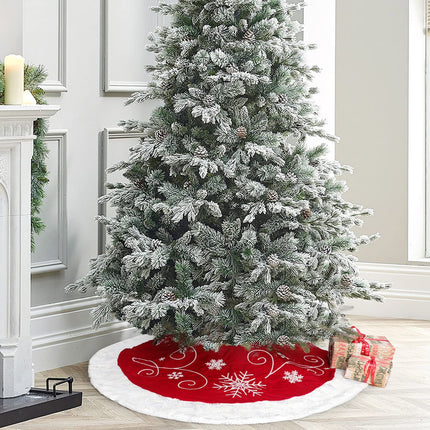 Christmas Tree Skirt, 32 Inch Red Velvet Tree Skirt with Embroidered Snowflakes Sequins White Trim Border, Holiday Party Tree Decoration