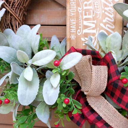 Bibelot Christmas Grapevine Wood Sign Wreath Flocked Ear Leaves and Holly, Rustic Christmas Wreath Farmhouse Front Door Wreath, Winter Front Door Christmas Sign Wreath with Leaves and Berry Wreath