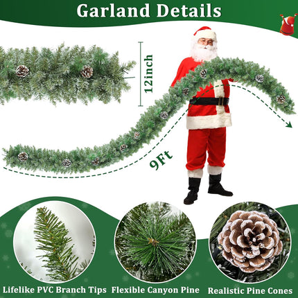 Remote Control&Timer - 9Ft by 12Inch Prelit Christmas Garland Decorations Snowy Thick Garland with 50 Colorful Lights 8 Modes 250 Branch Tips 20 Canyon Pines 10 Pinecones Xmas Garland Mantle Fireplace