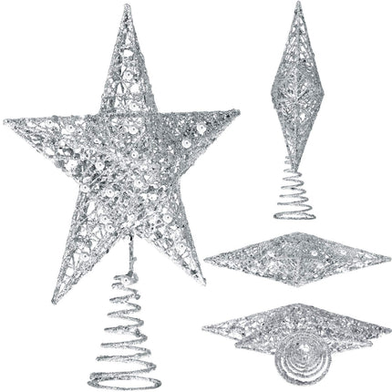 Blulu 2 Pieces Metal Glittered Christmas Tree Topper Star Treetop Hollow Wire Star Topper for Christmas Tree Ornament, 2 Sizes (Silver)