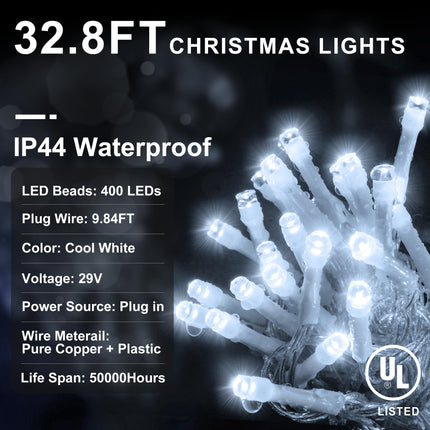 KNO Christmas Lights Outdoor Decorations 400 LED 33ft 8 Modes Curtain Fairy String Light with 75 Drops, Clear Wire LED String Light Decor for Wedding Party Holiday Christmas Decorations Cool White