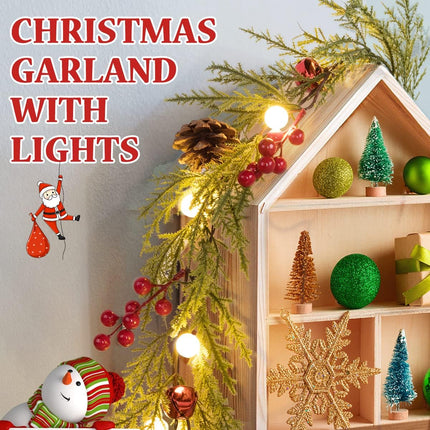 Quntis Christmas Garland with 20 Globe Lights, 2 Pack 5.7FT Artificial Red Berry Garland Christmas Decorations PineCones Bells, Lighted Garland for Mantel Door Fireplace Table Holiday Indoor Outdoor
