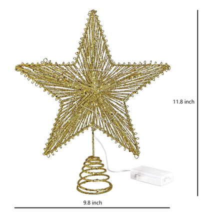 Gold Star Christmas Tree Topper Star, Xmas Tree Topper Star Ornament for Christmas Holiday Party Decor with Warm Lights Tree Topper Décor Golden Glitter