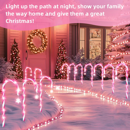 12 Pack Pink Christmas Candy Cane Lights: 21 inch 8 Lighting Modes Lawn Stakes Pathway Light Outdoor - 28 inch Extra Large Pitch, Waterproof for Walkway Markers Yard Xmas Decorations (Pink & White)
