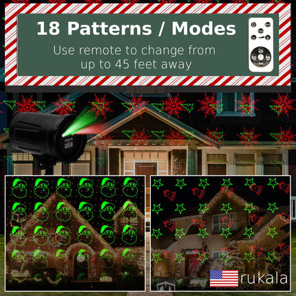 Christmas Projector Laser Lights for House - Timer Outlet and Remote Included - 18 Patterns - Red and Green (2pc)
