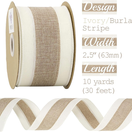 MEEDEE Burlap and White Stripe Ribbon 2.5 Inch Burlap Wired Ribbon with Ivory Burlap Edge Burlap Stripe Wired Ribbon for Wreath Garland Topper Bow Making Fall Christmas Wedding Decorations (10 Yards)