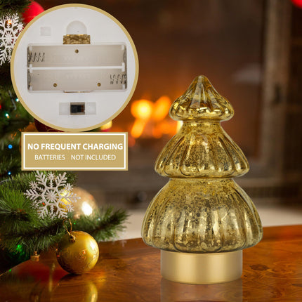 Glass Christmas Tree - Small Battery Operated Desk Lamp with Timer, Tabletop Christmas Tree Decoration Indoor, Glass Xmas Cordless Table Lamp for Bedroom College Dorm Room Christmas Decor Gold