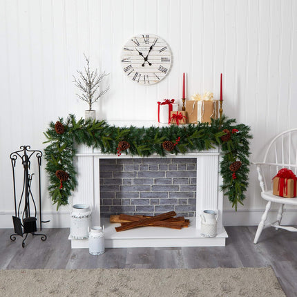 Nearly Natural 9ft. Mixed Pine Artificial Christmas Garland with 50 Clear LED Lights, Berries and Pinecones