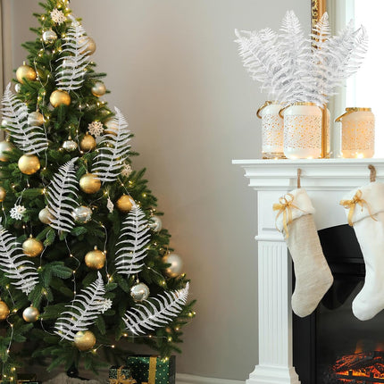 Xinnun Christmas Glitter Leaves Artificial Tropical Leaf Christmas Tree Sprays Glitter Leaf Garland Flashing Christmas Picks DIY Bouquet Stem Floral Branches for Wedding Xmas Wreath (White,12 Pcs)