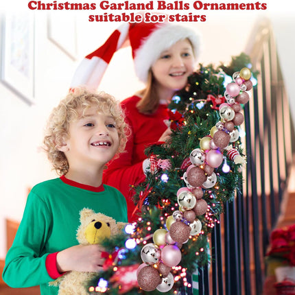 2 Pcs Christmas Balls Garland 6 ft Hanging Ornaments Xmas Balls Decorations with 2 Pcs 10 Feet LED Lights for Home Indoor Outdoor Tree Mantel Wedding Decoration(Pink, Rose Gold, Pink, Rose Gold)